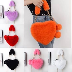 Faux Fur Plush Heart Purse Handbag with Gold Chain